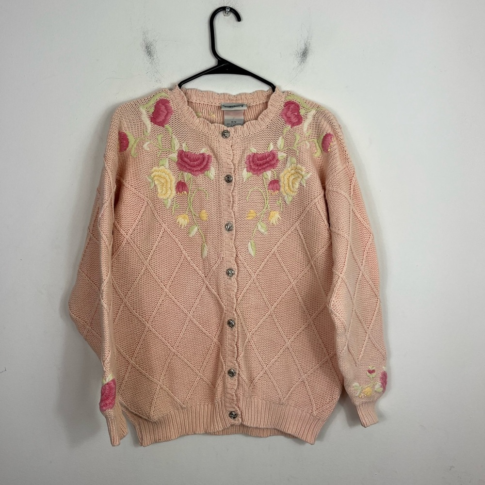 Vintage Northern‎ Reflections Embroidered Pink Floral Cardigan Sz M